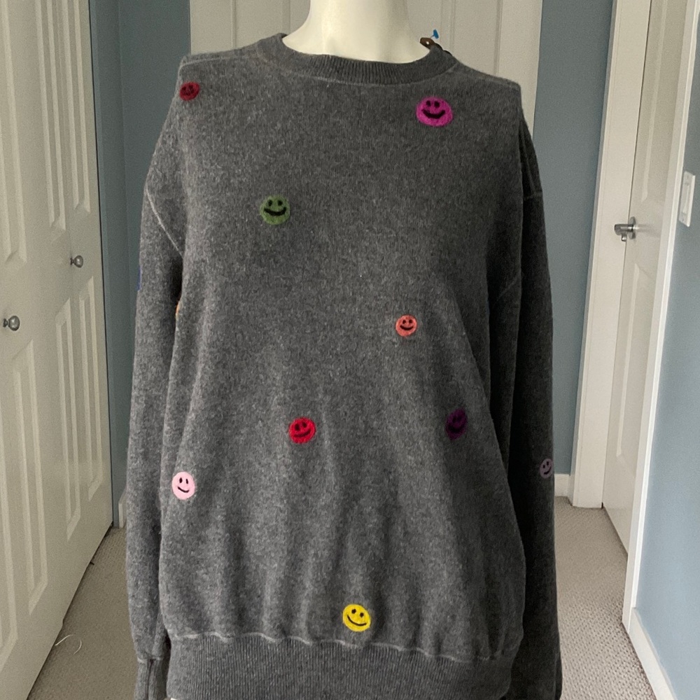 Upcycled vintage Harry Rosen cashmere sweater with embroidered happy faces